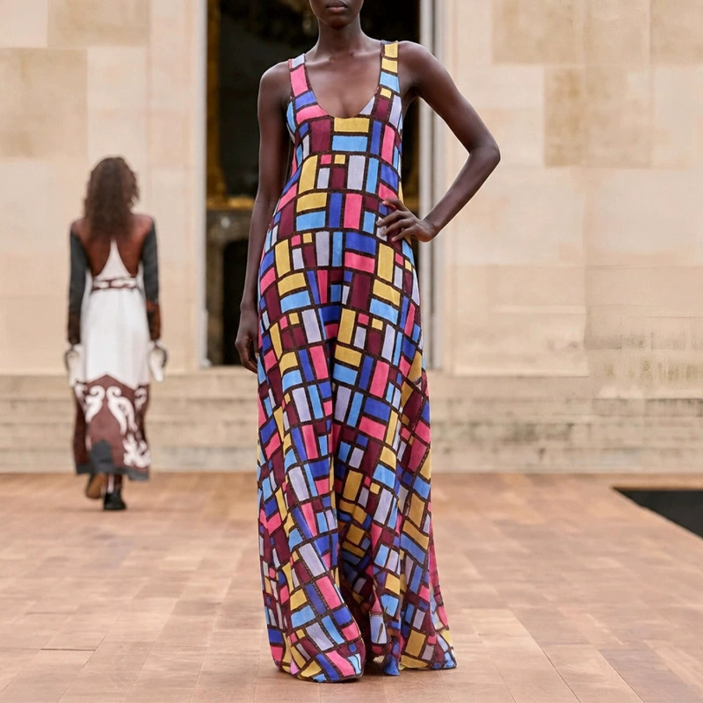H&M Chic French Print Sleeveless Vintage Maxi Dress Fall